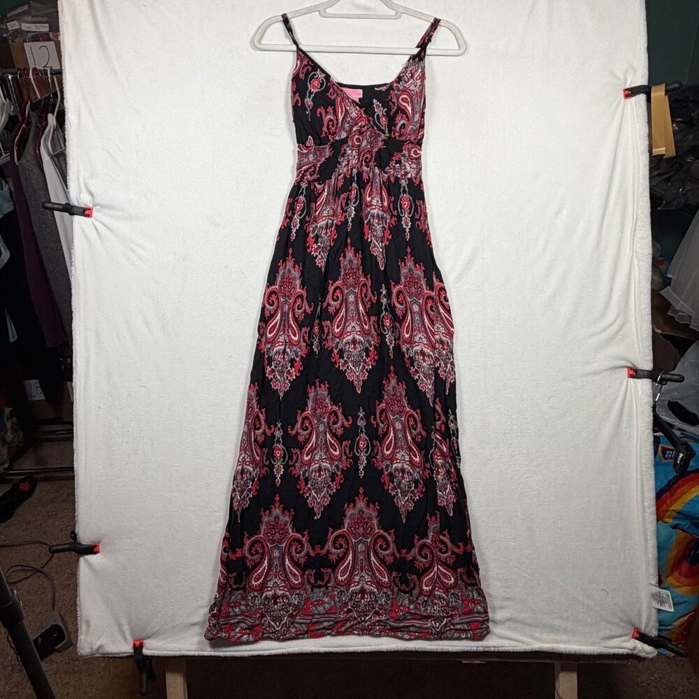 Boho Paisley Maxi Dress Small Red Black Smocked Waist Spaghetti Strap Festival